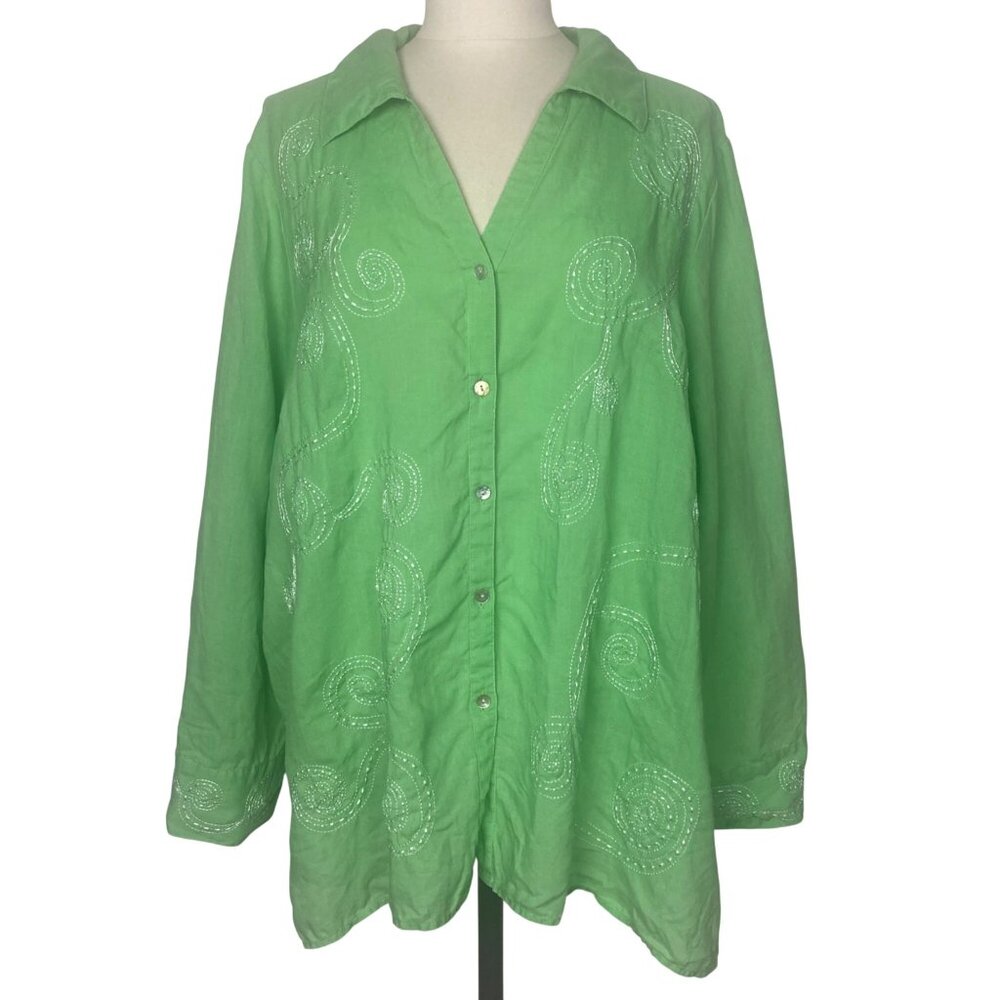 Autograph Linen Top Womens 3X Green Embroidered Button Down Coastal Boho Blouse